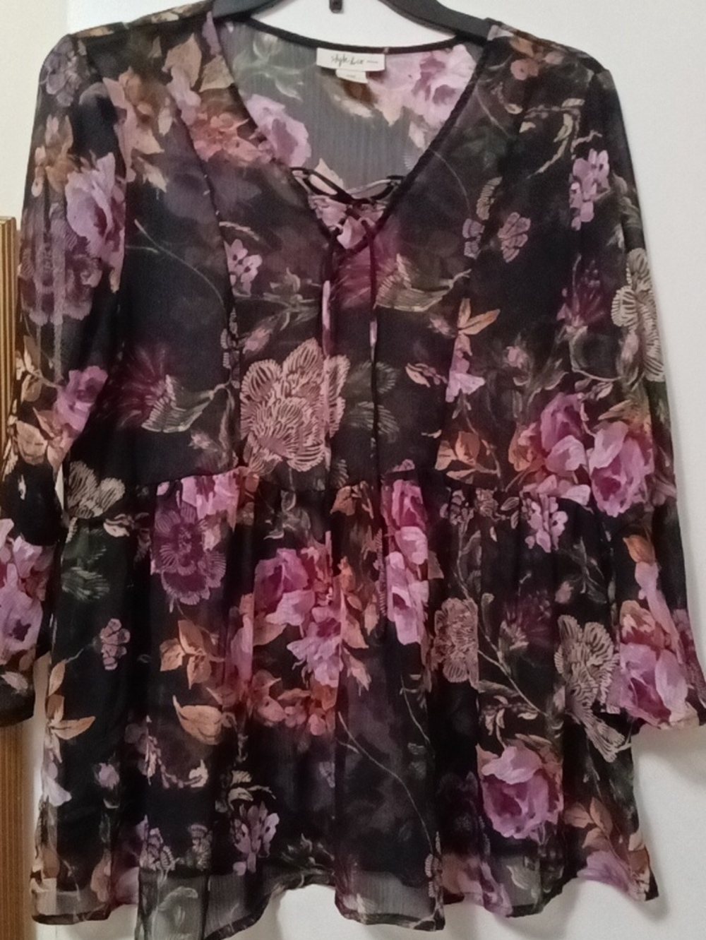Women's STYLE & CO. Black Floral Lace-Up V-Neck Tunic with Pink Accents